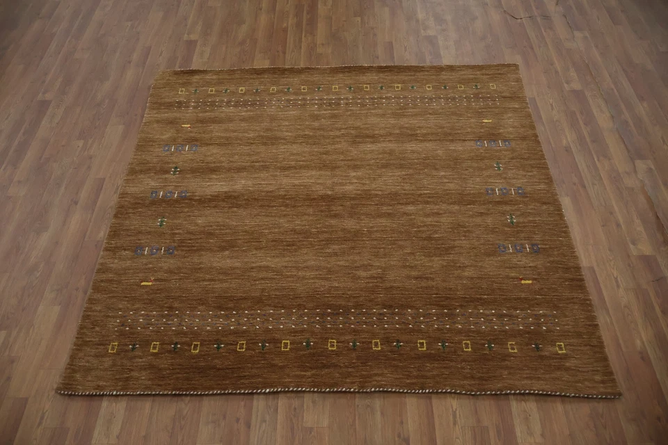 Versatile Brown Square Rug Handmade with Delicate Geometric Border Decor 6x6 - Image 2 of 4