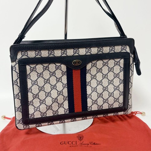 GUCCI GG Monogram Navy Grey Shelly Stripe Shoulder Bag Women PVC Leather Auth - Picture 1 of 24