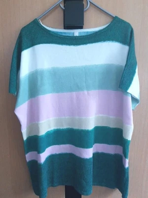 GERRY WEBER Strickpullover Gr. 42 Grün Rosa Gestreift Kurzarm Damen TOPZUSTAND  - Bild 1 von 4