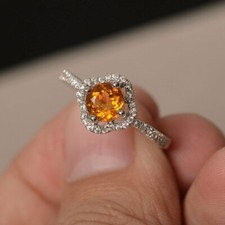 1.2ct Lab-Created Yellow Citrine Birthday Ring White Gold Plated Halo Solitaire