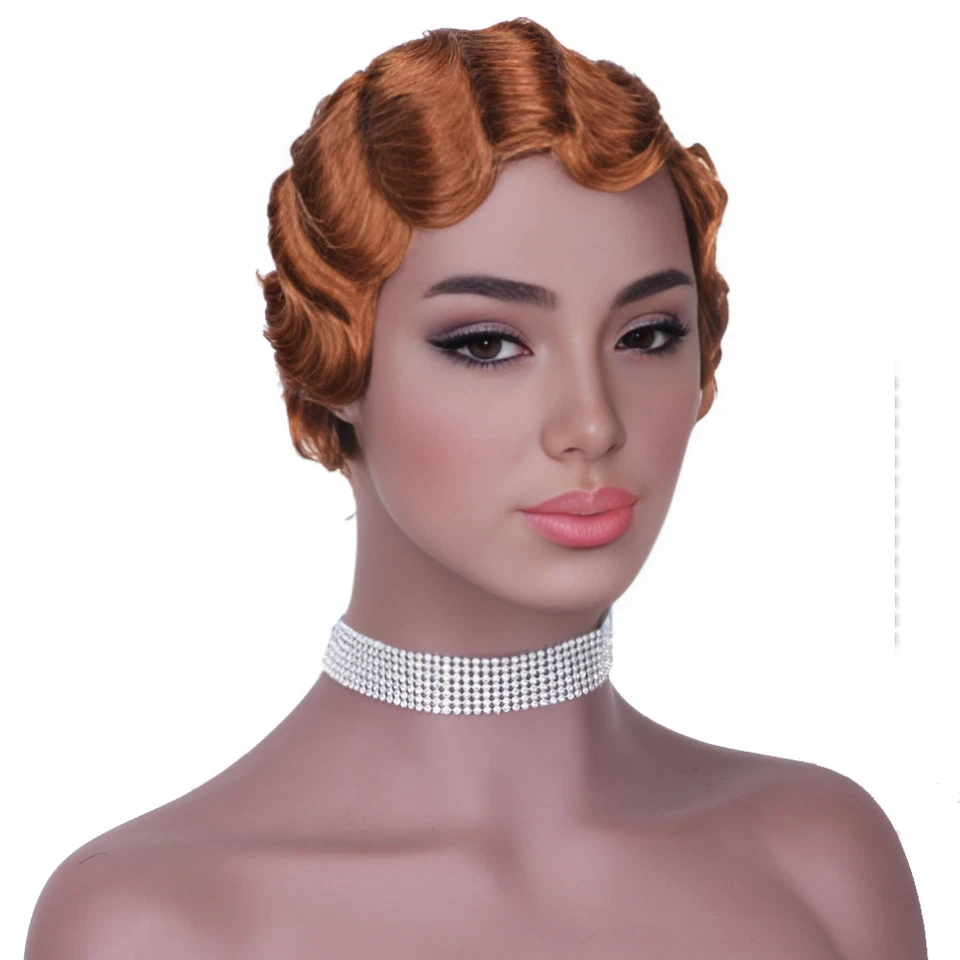 Pelucas retro de cabello humano de pelo corto ondulado de agua totalmente hechas a máquina Foto 4 de 4