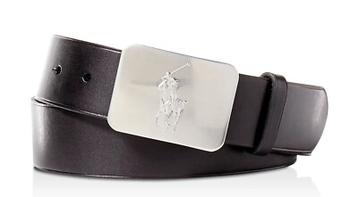 NWT Polo Ralph Lauren POLO PLAYER Plaque Silver Buckle BLACK
