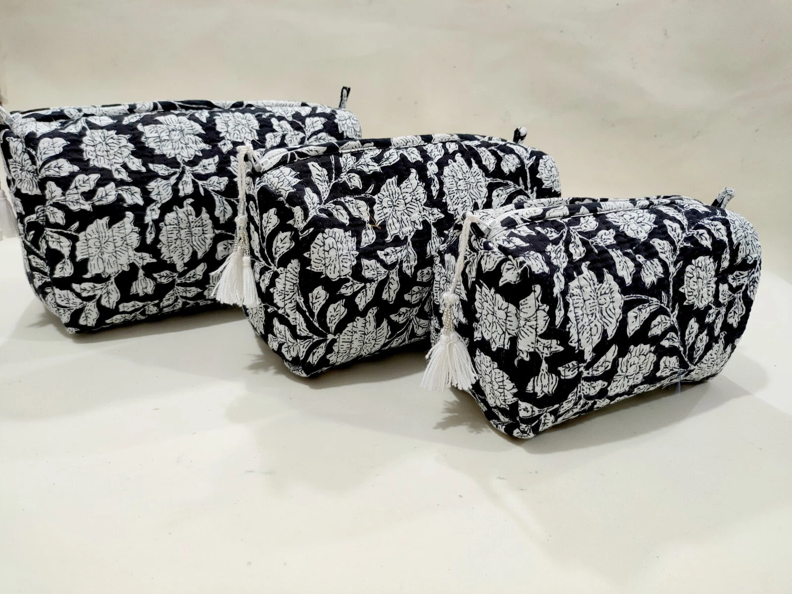 Cotton Quilted Toiletry Purse Cosmetic Storage Bag Of 3 Pc Floral Block Printed
