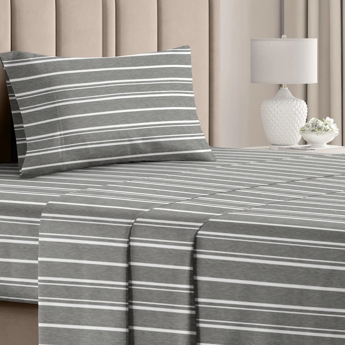 Gray and on sale white striped sheets