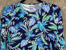 60 New Lands' End Woman's Longsleeve Crewneck Swim Tee Blue Floral Print XS 2-4