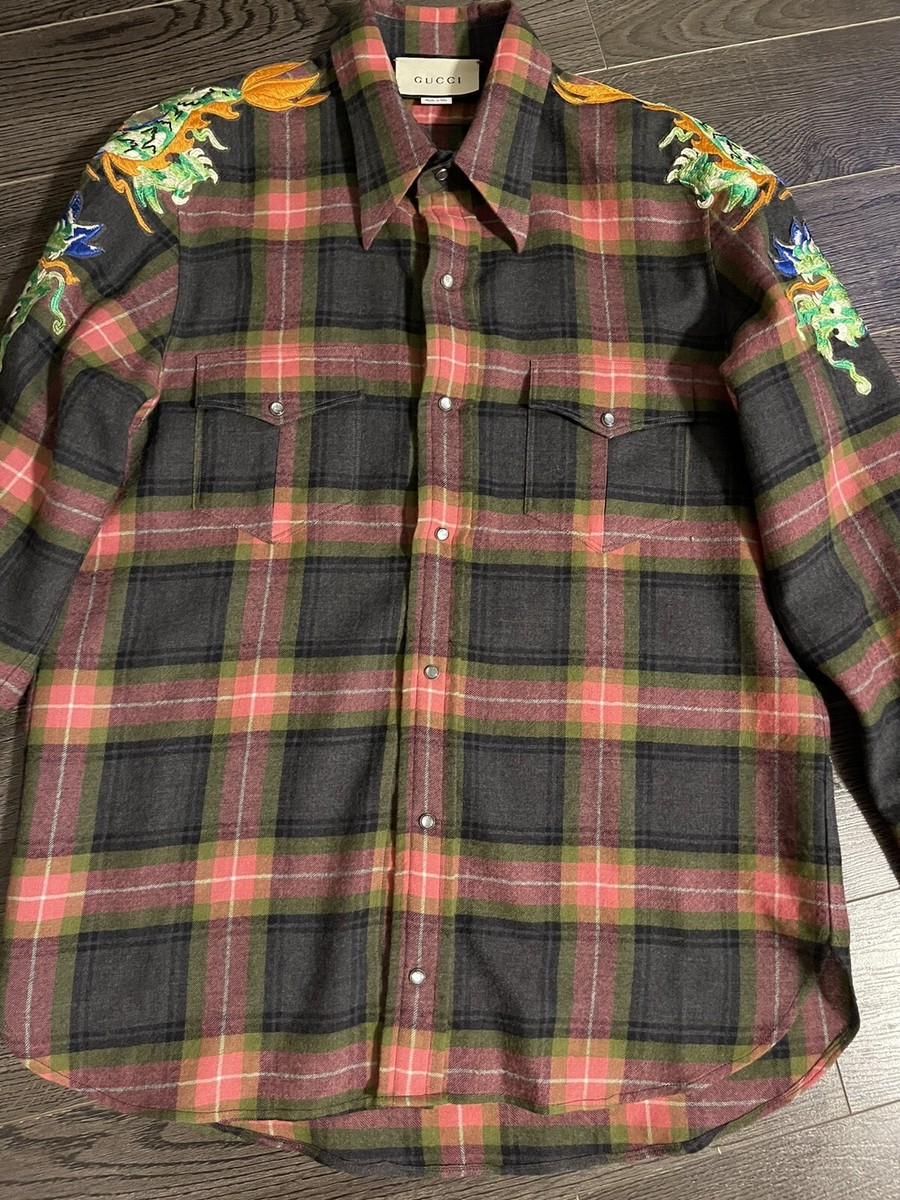 Authentic Gucci DRAGON-Embroidered CHECK Printed Wool Shirt | eBay