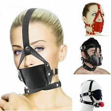 PU Leather Eye Hood Head Mask Blindfold Harness Mouth Gag Bondage Unisex BDSM
