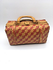 Vintage Small Woven Reed Wood Handbag w/ Wood Handles Hinges Open Purse 8.5 x 5