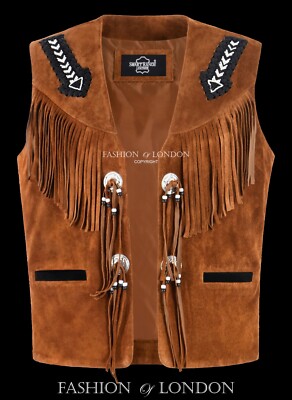 Herren Cowboy Western Stil Indianer Leder Weste Hellbraun Wildleder Perlen Fransen