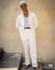 Men's White Linen Suit Summer Casual Prom Lightweight Breathable Beach Wedding