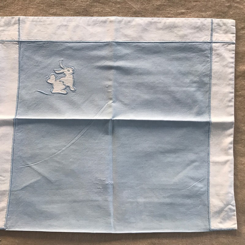 Vintage 60s Handmade Baby Pillowcase Blue w/ Embroidered Rabbit