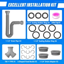 Double Sink Drain Kit Flexible Pipe 1-1/2 1-1/4 P Trap Fits Bowl Expandable Gray