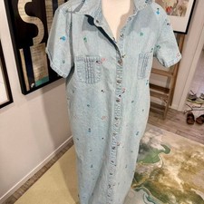 Vintage Blue Denim Woman's Maxi dress With Floral Embroidery size L 100 cotton