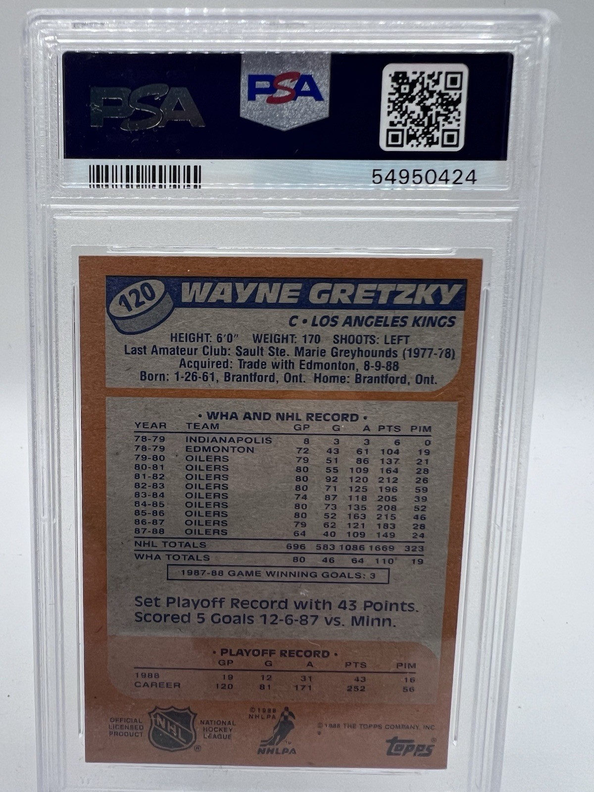 Wayne Gretzky 1988-89 Topps #120, PSA 8 Kings view 3