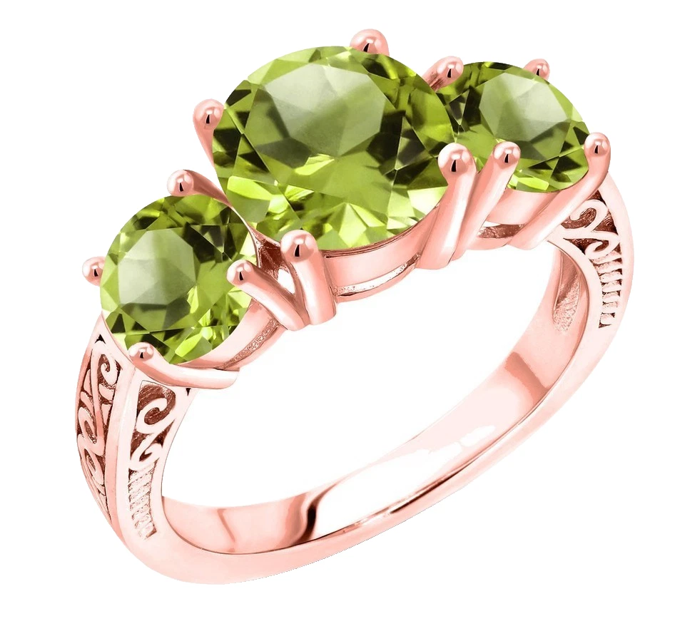 925 Silver Rose Gold Plated 4.04 Carats Green Peridot Three Stones Women's Ring - Image 2 of 4