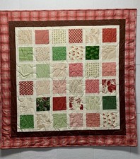 Pink, Brown, Deep Rose, Green Winter Squares Quilt - Handmade 87 