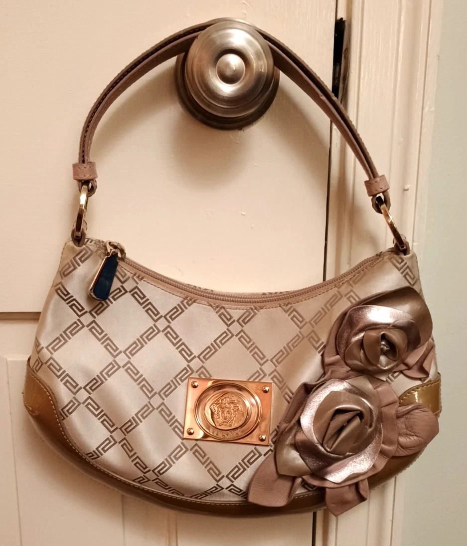 Versace — Versace Sateen Patent Leather Gold Medusa Medallion 3D Flowers Hobo Shoulder Bag
