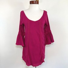 Billabong Crochet Lace Bell Sleeve Dress Magenta Pink Boho Festival Gauze Size M