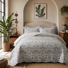 NEW Anthro Green Pink Floral Reversible Boho Queen King Bedding Quilt Sham Set