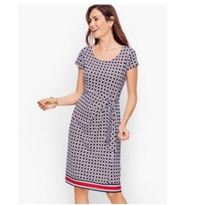 NWT Talbots Sheath Dress Womens XS Navy Red Geometric Tile Print Side Tie Career