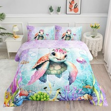 Smell Sunshine Turtle Mermaid Scale Print Twin Comforter Set Kids Bedding