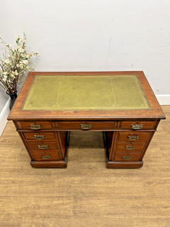 Victorian Antique Mahogany Green Leather Tooled Writing Pedestal Desk |81