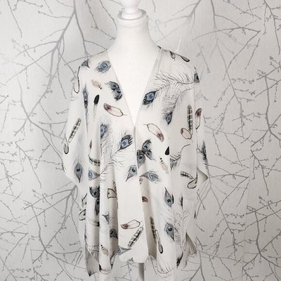Eclipse White Peacock Feather Print Open Front Cardigan | Women's L
