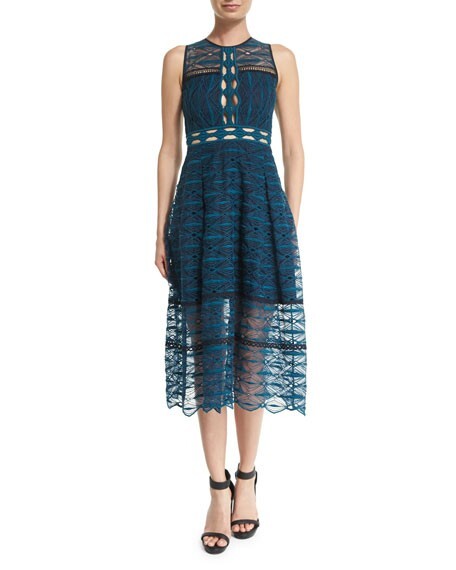 Jonathan Simkhai Dress Teal Navy Cocktail Embroidery Lace Sleeveless Midi  Size 0