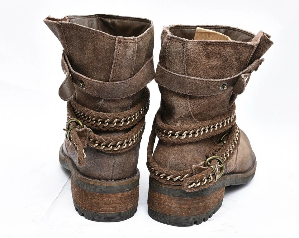 Botines de motociclista Two Lips Beltway para mujer talla 10 gamuza cuero marrón con cinturón Foto 4 de 4