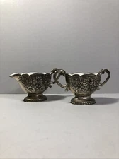 Vintage Silver Overlay And Porcelain Open Creamer & Sugar Set w Floral Design