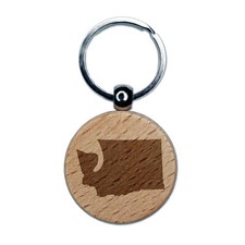 Washington State Silhouette Engraved Wood Round Keychain Tag Charm