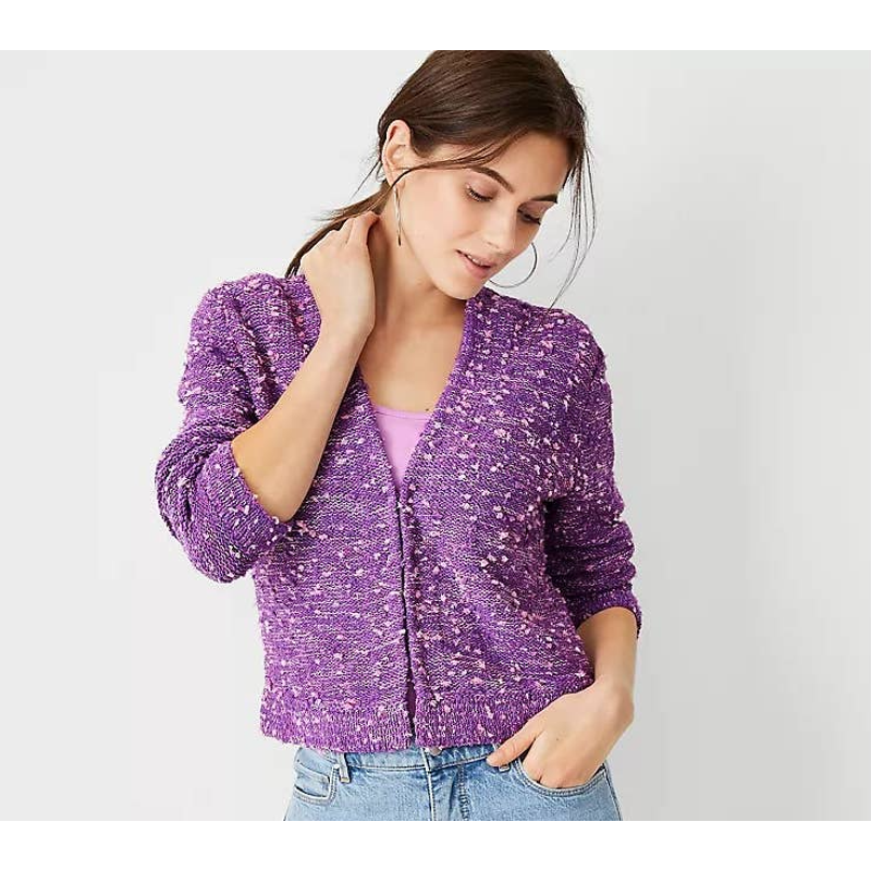 Ann Taylor Tweedy Sweater Jacket Purple Pink V Neck Small