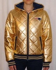 New England Patriots G-III Womens Puffer Quilted Full Zip Jacket With Hood -Gold
