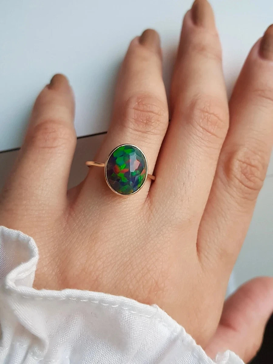 AA Black Opal 14K Solid Gold Checker Cut Cabochon Ring Engagement Ring For Women