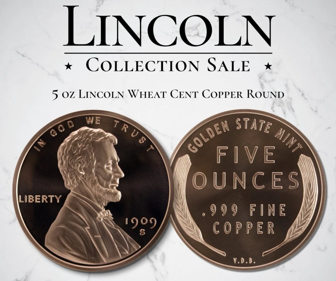 5 oz Lincoln Wheat Cent PENNY .999 FINE Copper Round Golden State