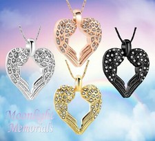 New Angel Wings Heart Crystal Cremation Urn Ashes Silver Memorial Necklace