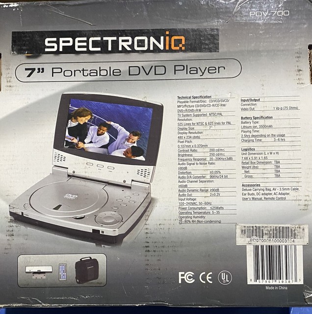 Spectroniq PDV700 7" Portable DVD Player All Cables Battery Case
