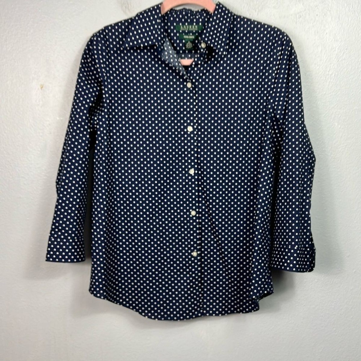 Lauren Ralph Lauren Navy Blue White Polka Dot 3/4 Sleeve Blouse Shirt  Medium