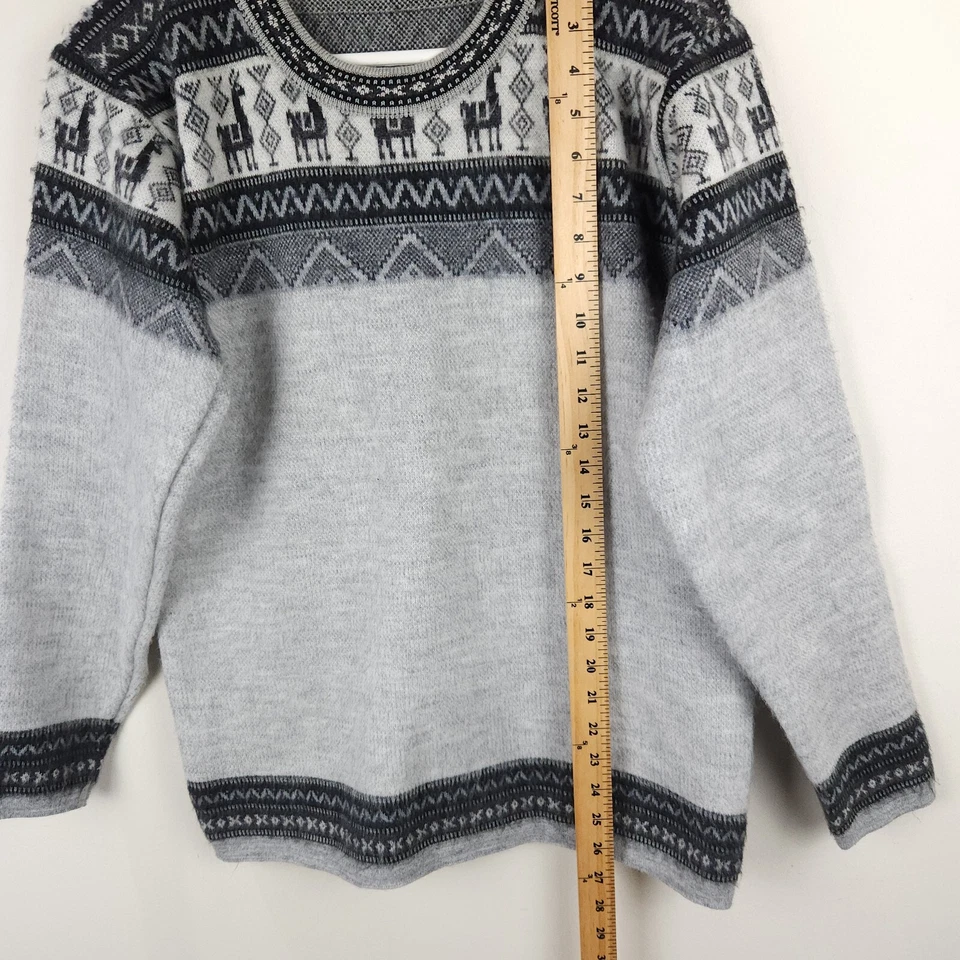 Peruvian Connection Sweater Women Gray Fair Isle Striped Alpaca Round Neck Fuzzy - Imagem 4 de 4