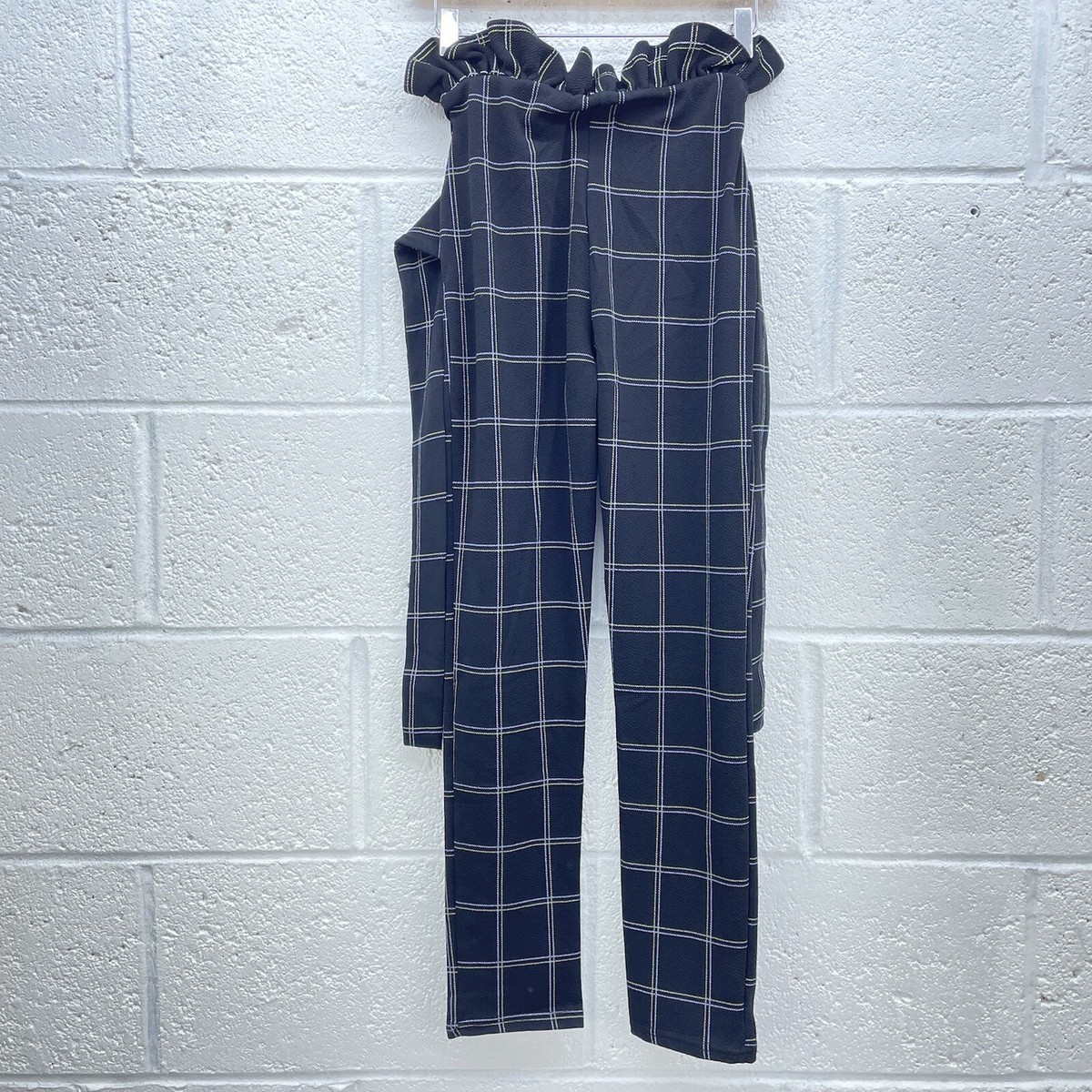 PLT BLACK PAPERBAG BELTED CHECKED TROUSERS CREPE SKINNY FIT FRILL