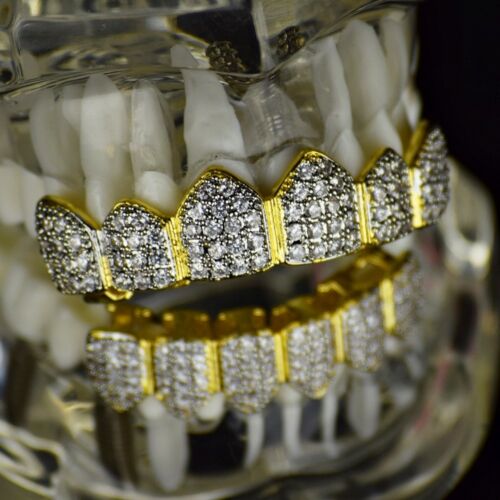 18k Gold Plated Grillz Set Two-Tone Simulated CZ Iced Hip Hop Teeth Bling  Grills