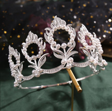 Silver Pearl Bridal Crown Rhinestone Wedding Tiara Queen Pageant Royal Diadem
