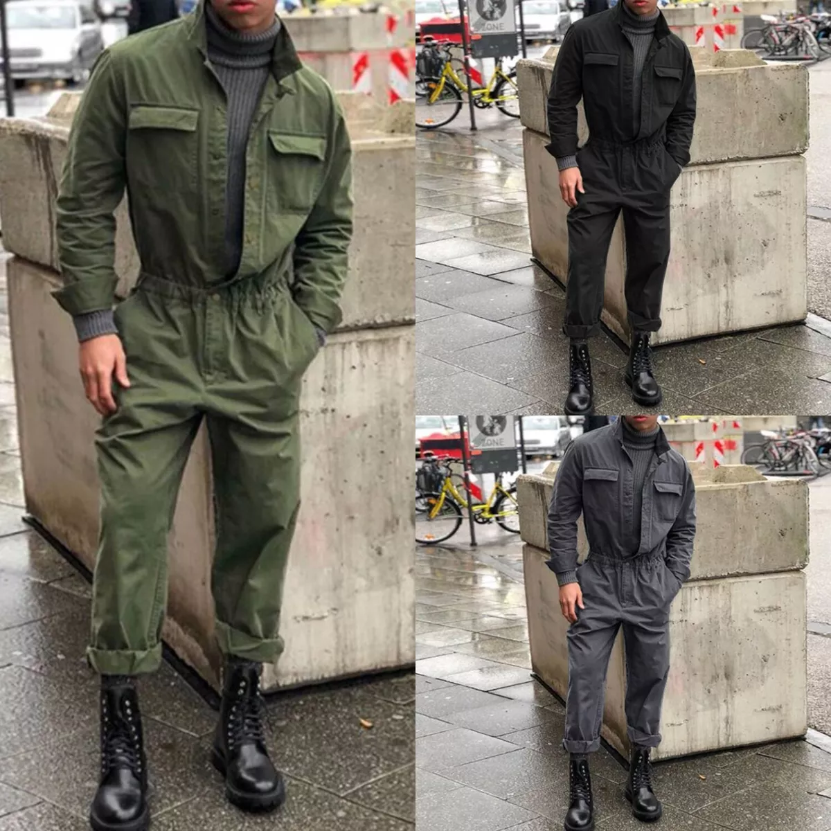 Mens one piece Jumpsuit Stand Collar Solid Costume Fashion Autumn