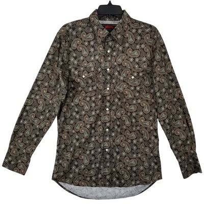 Rock & Roll Denim Mens Modern Fit Paisley Western Snap Shirt Brown Teal M 136S