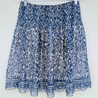 Max Studio Blue White Botanical Leaf Print Smocked Chiffon Skirt M Coastal Airy