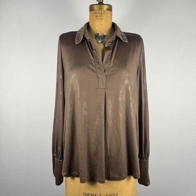 CeCe Brown Metallic Satin Blouse M Long Sleeve Split Neck Collared Top