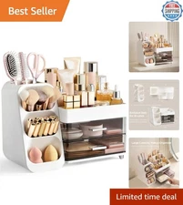 Makeup Organizer with Brush Holder for Vanity, Large Plastic Bathroom Countertop