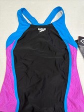 Speedo Girls One Pice Swimsuit Mesh Splice Thick Strap Size 14 Black Pink New