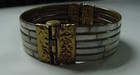 Vintage MOP Gold Tone Brass Hinged Cuff Bracelet Pull Pin Closure — photo 3