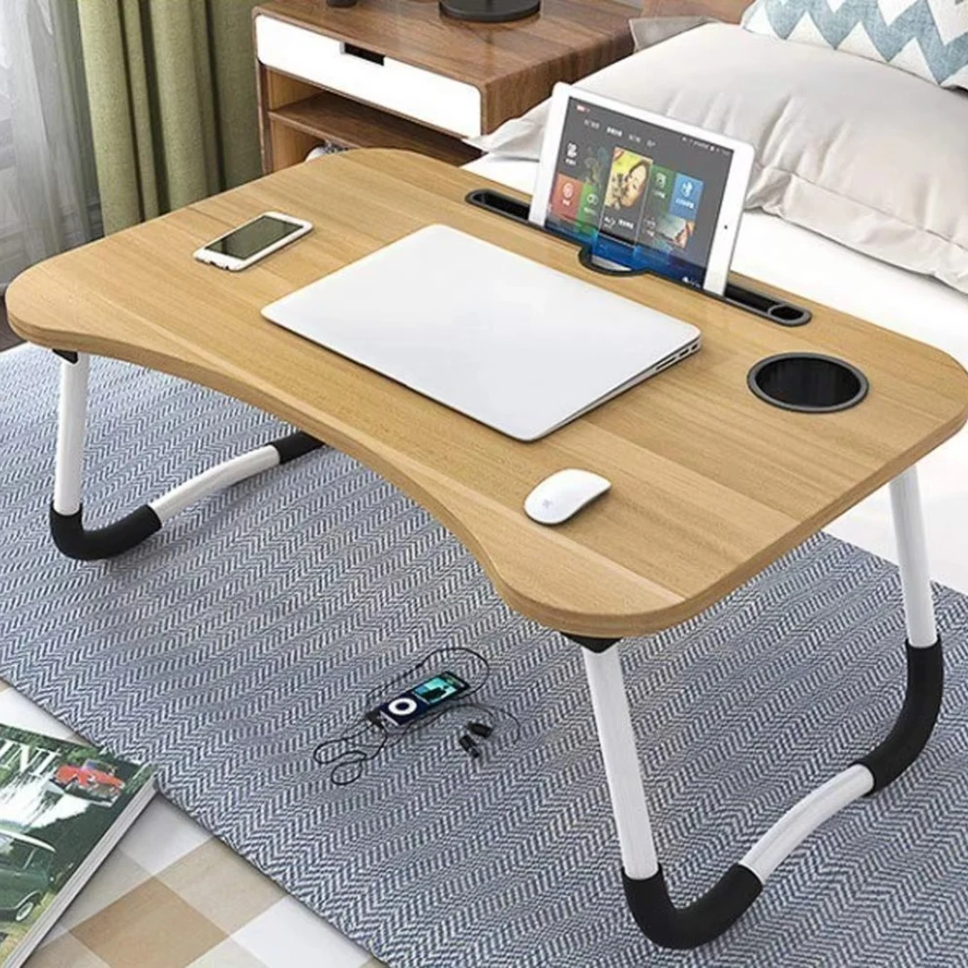 Multifunction Lap Desk with Storage Drawer & Cup Holder, 23" Walnut Laptop Tray - Picture 6 of 8
